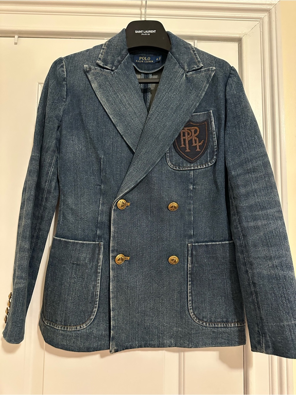 Ralph Lauren Blue Denim Double-Breasted Blazer with Crest